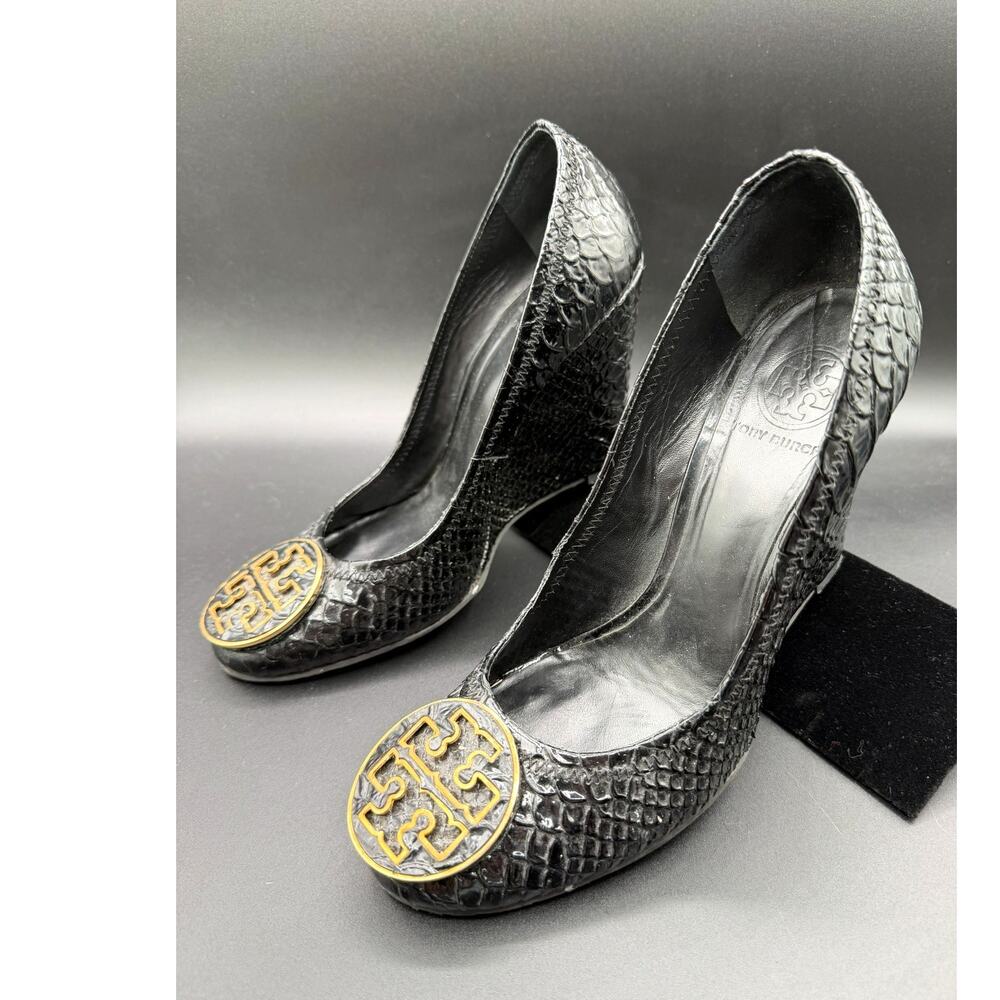 Tory Burch Sophie Wedge Pump W/Exotic Snakeskin Embossed Black Patent Leather 9M